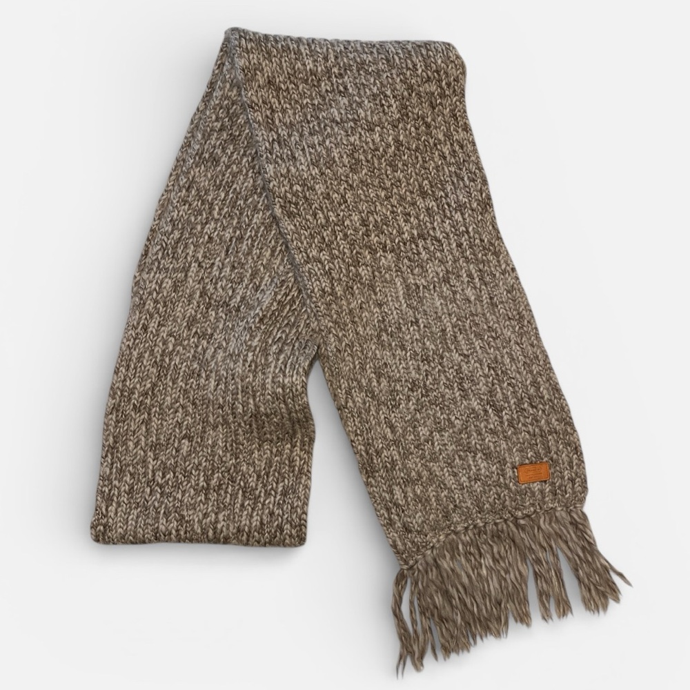 COACH 100% wool fringe scarf gray cream LONG mens women unisex like new